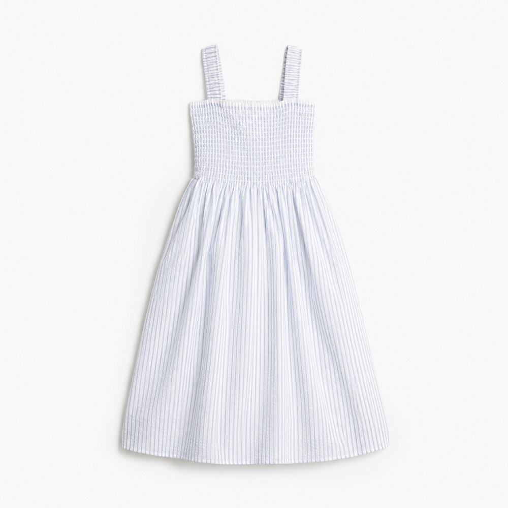 Girls White Blue Pinstripe Seersucker Smocked Sundress